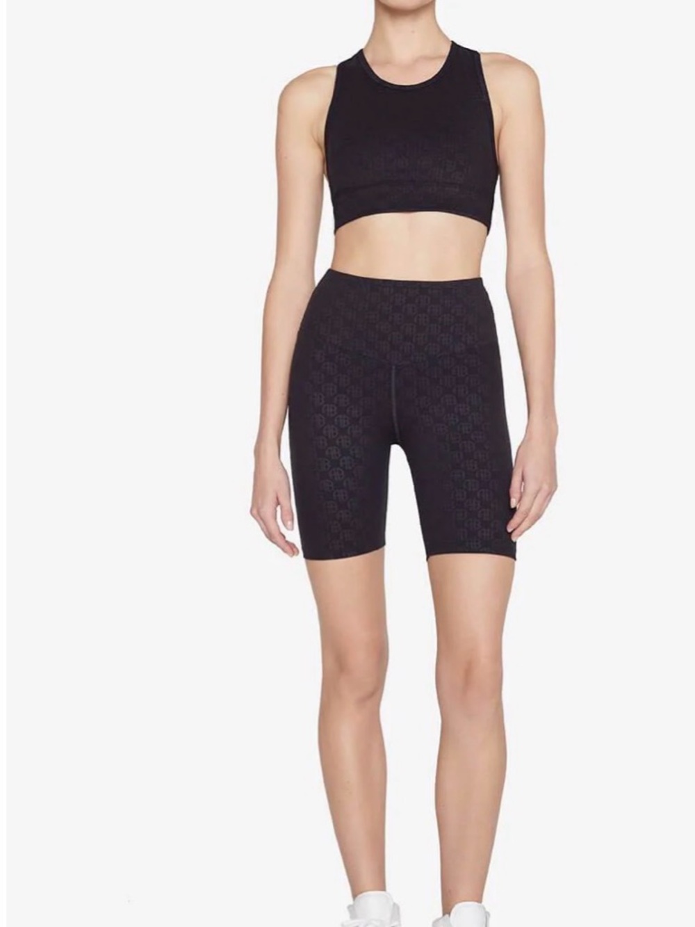 Anine Bing Black High-Rise Monogram Logo-Texture Bike Shorts